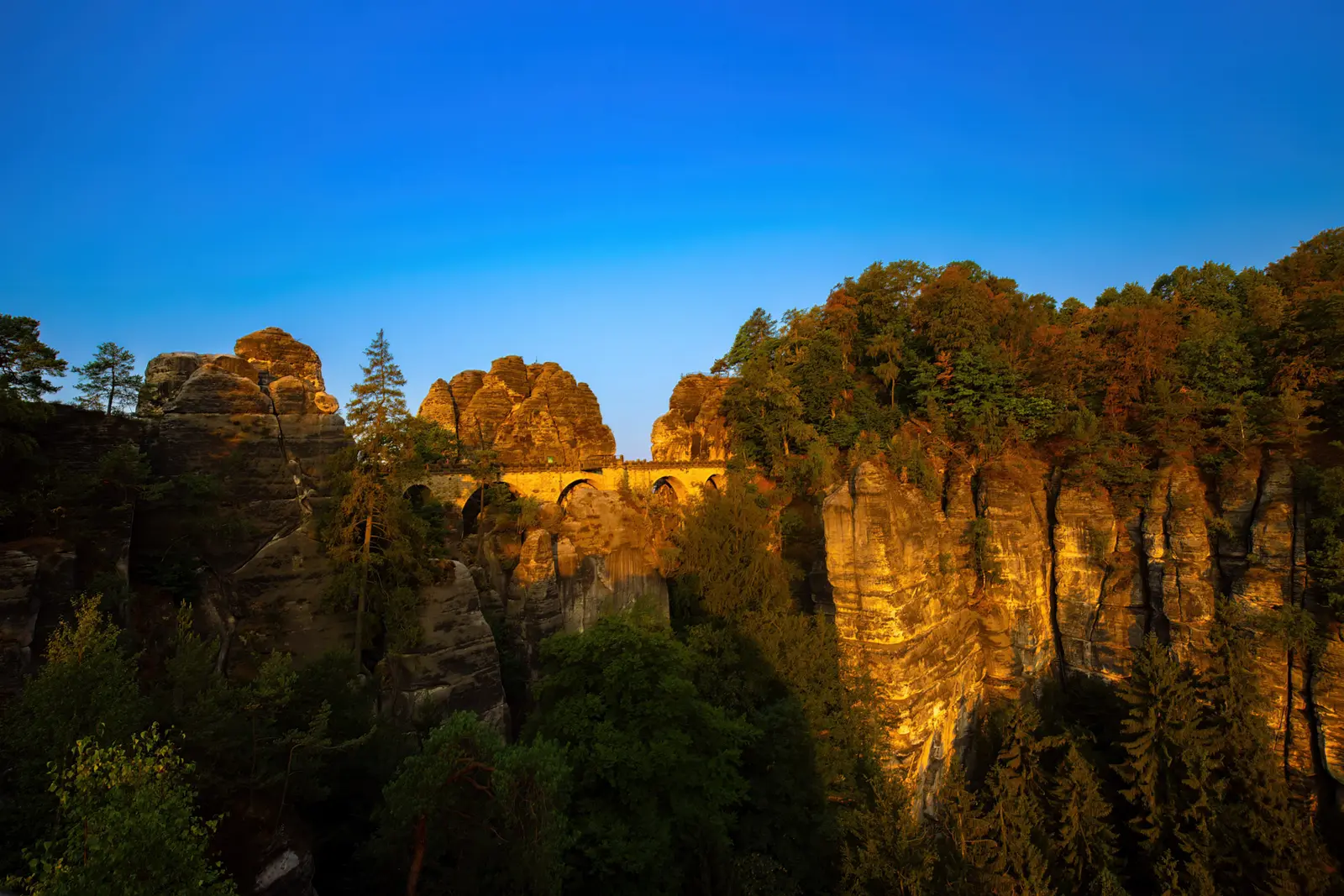 Die Basteibrücke im Morgenlicht vor tiefblauem Himmel, die Sandsteinfelsen goldbraun beleuchtet.