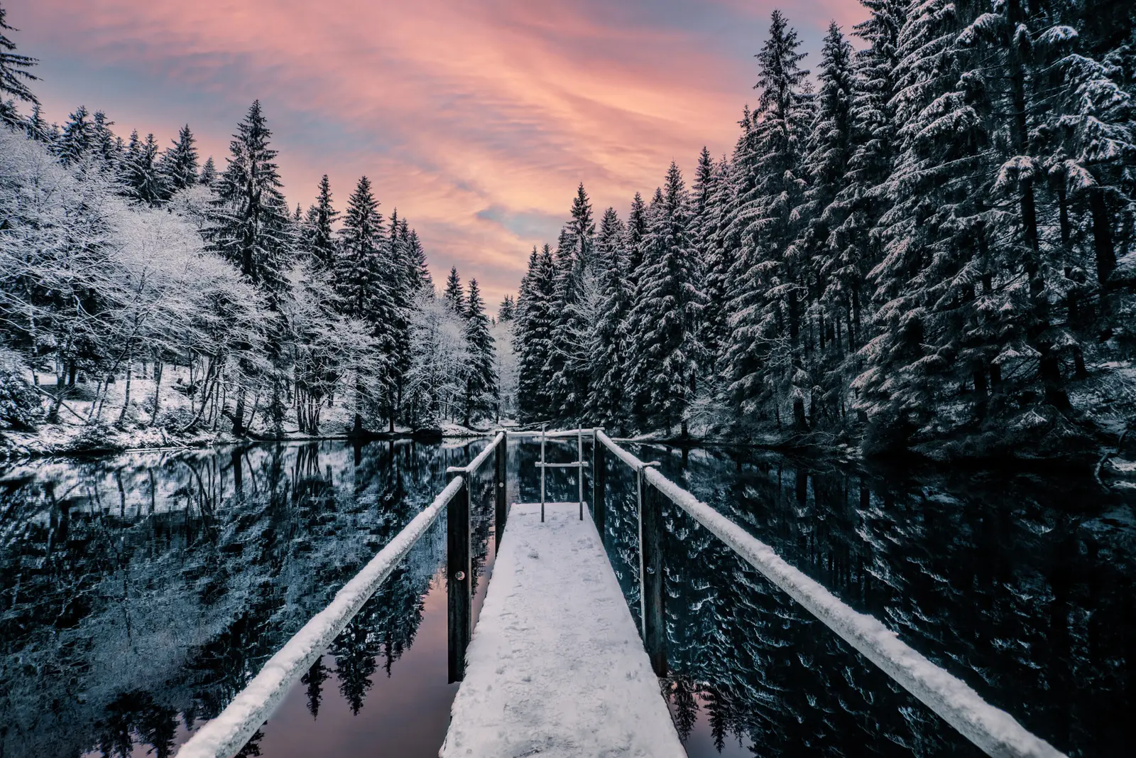 Steg im Winter, rosa gefärbte Wolken über verschneiten Fichten.