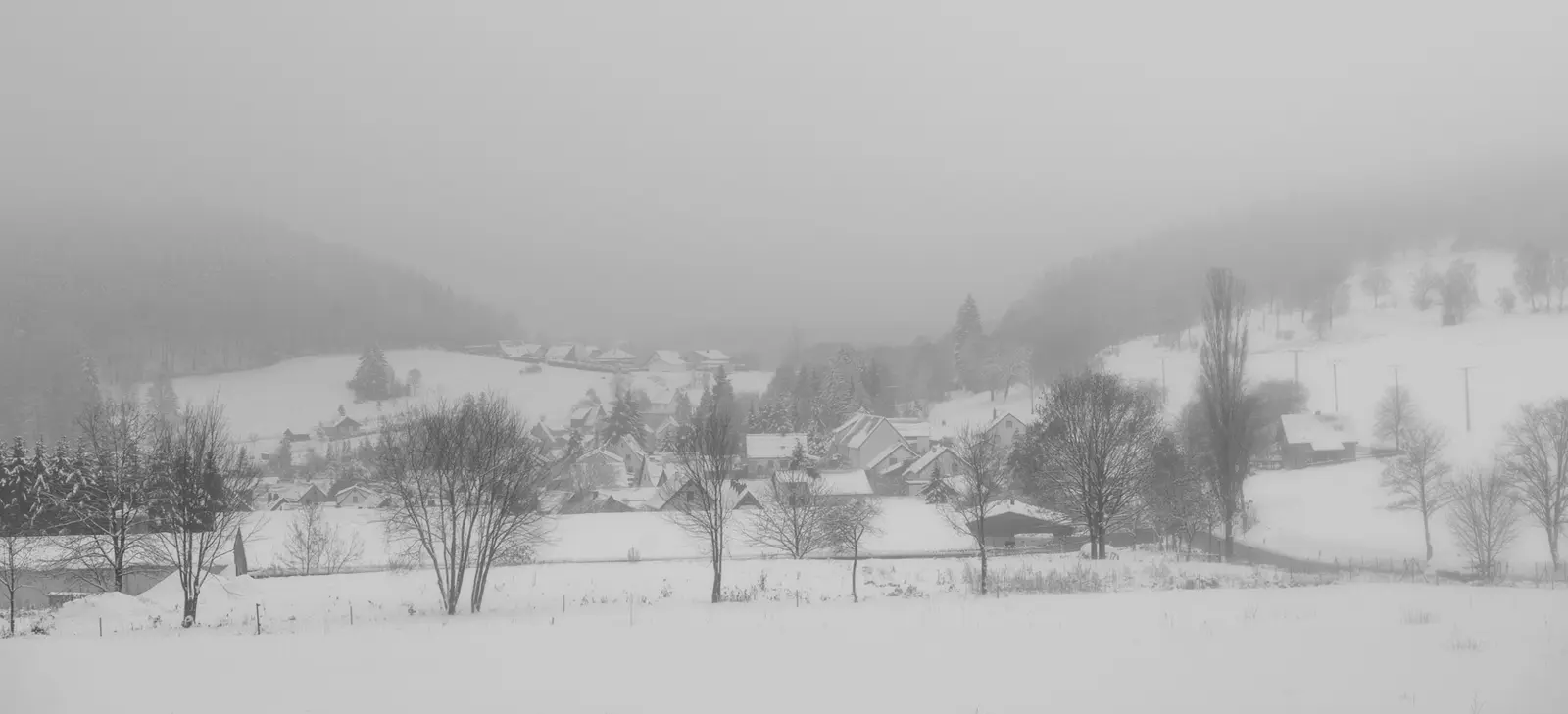 Verschneites Dorf im Tal, kahle Bäume, diesiges Winterlicht.